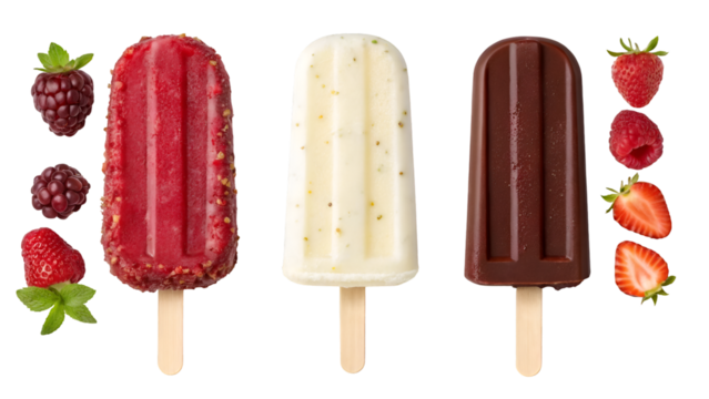Delicious fruit popsicles chocolate strawberry raspberry blackberry summer treat frozen dessert food photography isolated on transparent white background png