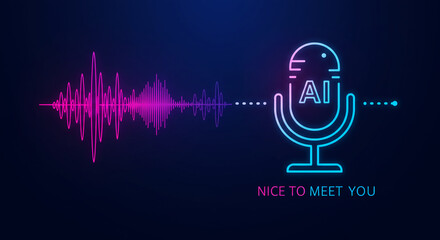 Futuristic AI assistant concept featuring a neon microphone icon connected to a vibrant sound wave, symbolizing voice recognition and artificial intelligence technology, with the text "NICE TO MEET YO