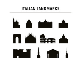 Obraz premium Italy landmarks, famous buildings vector icon collection. Isolated black and white clip art, badge of tower, arc, cathedral, palace contours. Pack for web design, infographics