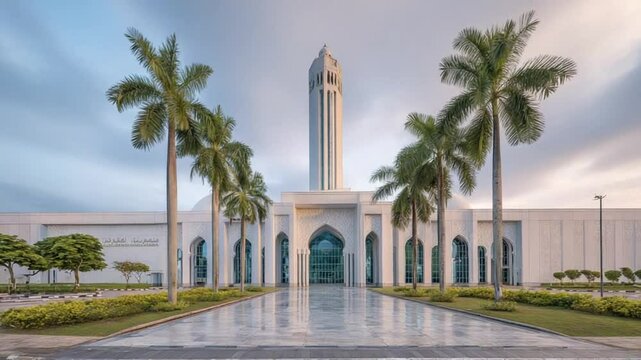 Brunei landmark: Sultan Omar Ali Saifuddien College modern Islamic architecture with tower and palms