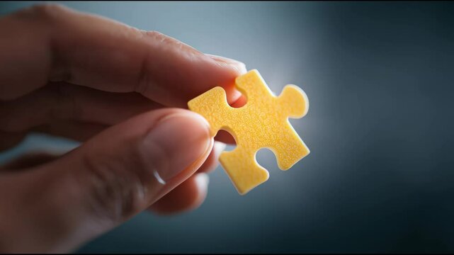 A hand holding a yellow puzzle piece