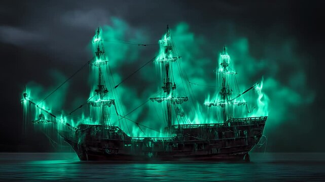 An eerie, ghostly galleon with glowing emerald energy drifts across calm water under a dark sky
