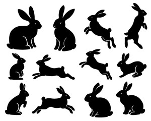 Collection of rabbit silhouettes set, rabbit icons in various poses, black color, isolated on white background
