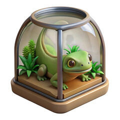 3d adorable cartoon gecko in glass terrarium isolated on transparent background