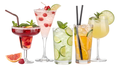 Refreshing summer cocktails drinks with fruits and ice for party bar menu and beverage photography isolated on transparent white background png