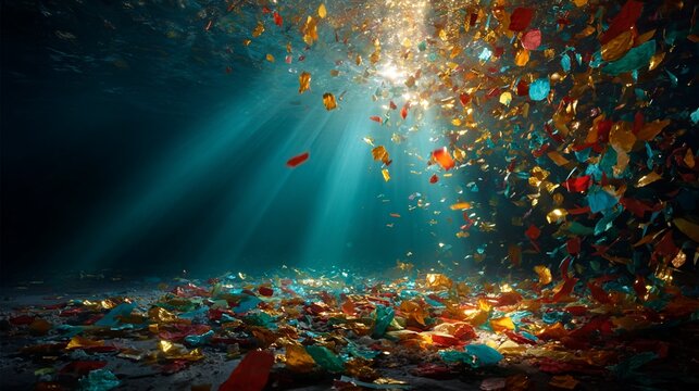 Light streams through ocean water, illuminating colorful debris floating downwards
