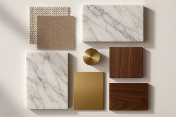 Luxury interior design material palette featuring premium marble textures, exotic wood grains and metallic accent samples