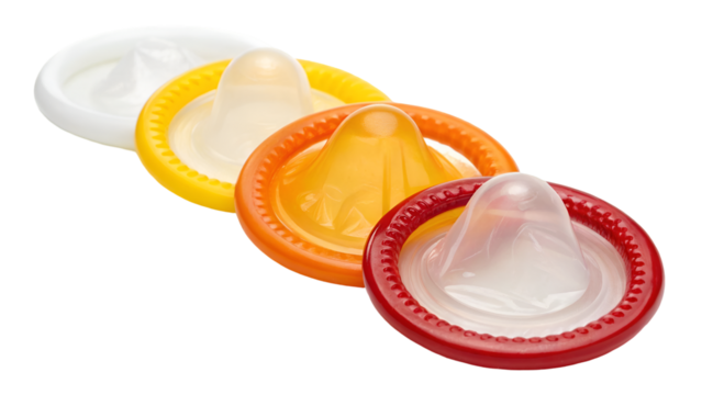 Colorful condoms variety pack for safe sex and contraception protection against stds and unwanted pregnancy isolated on transparent white background png