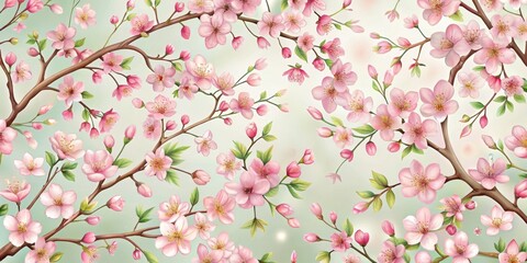 Obraz premium Cherry Blossom Floral Pattern with Delicate Branches and Leaves