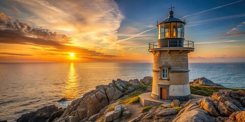 A solitary lantern in a historic lighthouse tower stands sentinel on a rugged rocky shoreline at sunset, Rock Shoreline, Historic Lighthouse