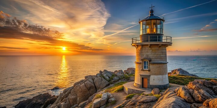 A solitary lantern in a historic lighthouse tower stands sentinel on a rugged rocky shoreline at sunset, Rock Shoreline, Historic Lighthouse