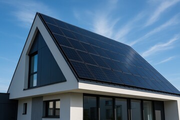 Fototapeta premium Modern eco-friendly home featuring sleek photovoltaic solar panel array installation on contemporary slanted roof design