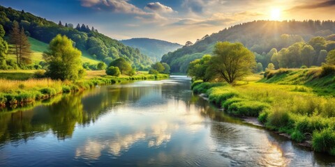 Obraz premium A smooth river flowing gently through a serene landscape with lush greenery and sunlit hills