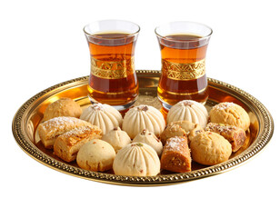 Front View of Golden Tray with Traditional Eid Cookies and Tea Glasses, Transparent PNG