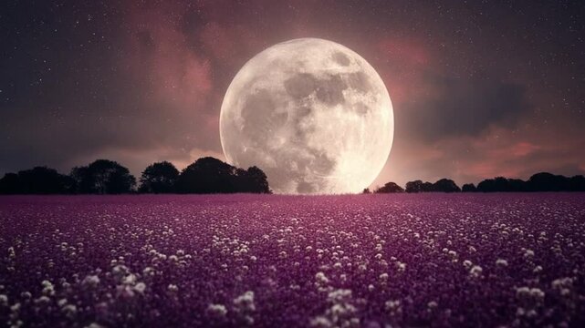 Captivating lunar landscape view: serene field under the radiant glow of a supermoon night
