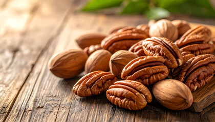Close-up of shelled and unshelled pecan nuts arranged on a wooden board