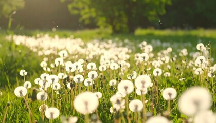 A field of dandelion seed heads, bathed in golden sunlight.  Many seed heads are visible, scattered across a grassy field.  Soft focus, natural light