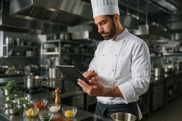 Professional chef utilizing tablet technology for digital menu planning and inventory management in modern restaurant kitchen