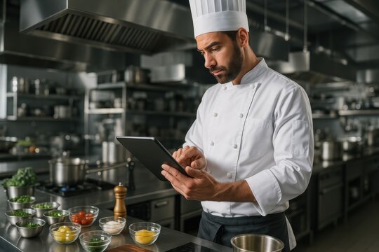 Professional chef utilizing tablet technology for digital menu planning and inventory management in modern restaurant kitchen