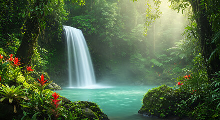 Tropical Jungle Waterfall Turquoise Pool Lush Nature Beauty