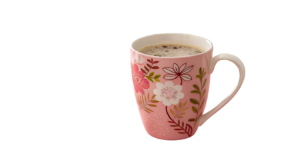 Pink floral coffee mug mockup with coffee beverage drink product photography and black background isolated image isolated on transparent white background png