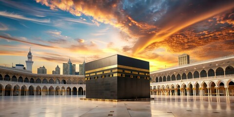 A serene and majestic Kaaba stone structure at sunset during Ramadan Kareem Festival
