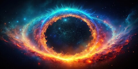 Obraz premium A cosmic ring of colorful particles against a dark sky with a fiery gradient background