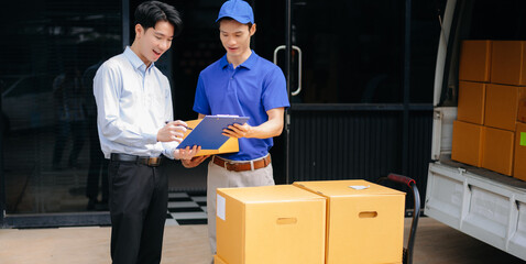 Asian Courier Delivering Package to man Delivery service near van outside the warehouse, delivery...