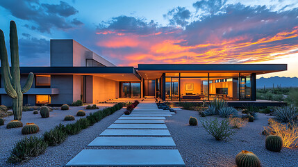 Fototapeta premium Modern Desert Home with Stunning Architecture at Sunset
