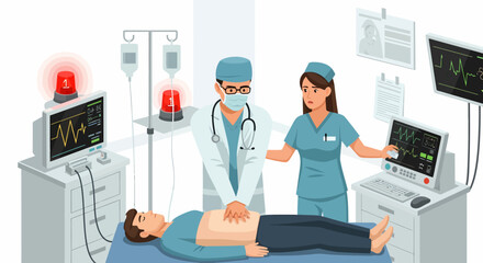 Medical Team Performing CPR on Unconscious Patient in Hospital.