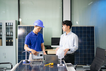 Engineer Team Meeting of Sustainable on a solar and wind energy project, discussing innovation