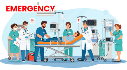 Medical Team Attending to Patient in Emergency Room with Equipment and Monitors.