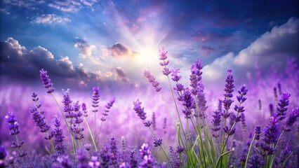 Fototapeta premium Majestic purple background with scattered lavender wildflowers and a few wispy clouds