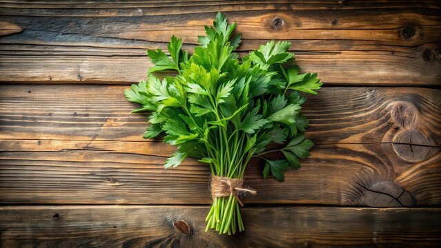 Fresh bunch of lovage herb growing on a rustic wooden background with exposed beams and natural textures