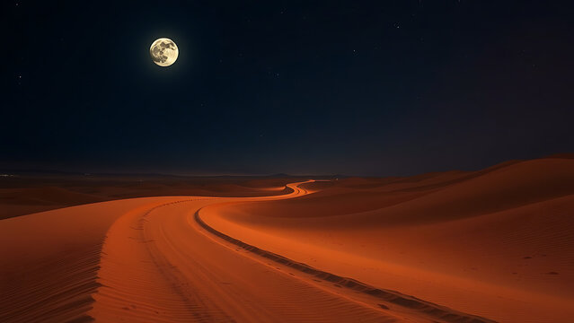 Desert landscape with sand dunes and a winding path under a full moon at night time sky