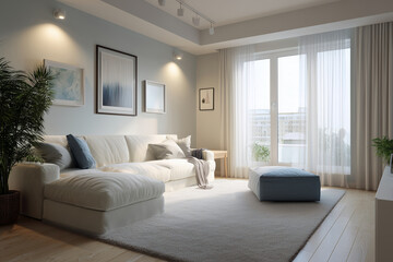 Bright living room with white sectional couch, blue accent pillow and ottoman, and sheer curtains near window