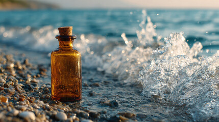Private jacuzzi concept. A vintage bottle rests on a rocky shoreline by the ocean waves.