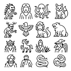 A collection of line-art icons featuring mythical creatures and whimsical characters, all carefully rendered in a monochrome style, inviting curiosity and imagination.