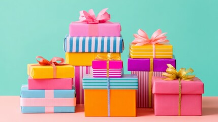 Obraz premium Vibrant Pile of Colorful Gift Boxes with Playful Ribbons, Whimsical Childhood Joy and Celebration Concept