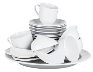 Stack of Broken Ceramic Plates and Cracked Cups in Random Pile, Isolated on Transparent Background PNG