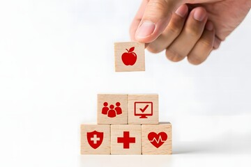 Stacking Wooden Blocks Depicting Health Care and Healthy Living
