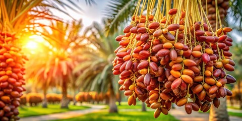 Mature dates hanging from a ripe date palm tree on a plantation with sunlight and greenery