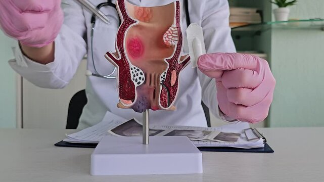 Proctologist doctor administers rectal suppository and artificial model of human rectum