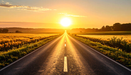 Sunset road with golden fields on both sides and bright sun on horizon creating warm and peaceful atmosphere