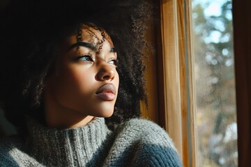 Young Woman with Dark Skin and Natural Tight Curls. Erie Lake Background