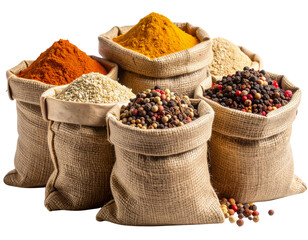 Macro Close-Up of Spices in Market Bags Showing Granular Texture and Color Variation, Transparent Background