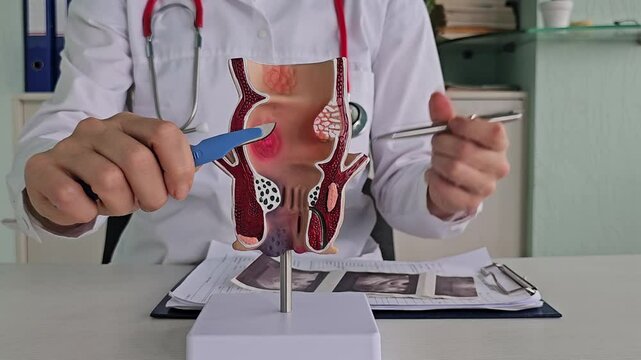 Doctor is holding scalpel anatomy of rectum problem. Surgical approach to treatment of chronic constipation