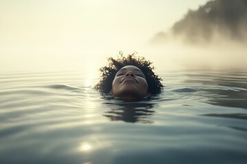 Woman Drifting in the Still Waters of a Scenic Lake . Erie Lake Background
