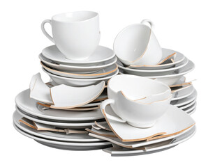 Stack of Broken Ceramic Plates and Cracked Cups in Random Pile, Isolated on Transparent Background PNG 