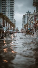 Coastal street flooded after a tropical storm. Debris scattered among palm trees. Overcast sky with high-rise buildings in the background. Cars partially submerged
